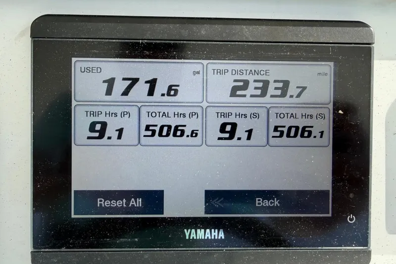 Slide: The Image of Yamaha display showing fuel usage, trip distance, and hours for Regulator 31, 2023 model. - 45