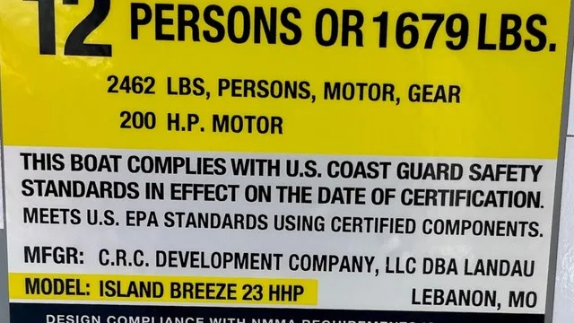 Slide: The Image of Sign with safety information for a boat that can carry 12 persons or 1679 pounds. - 19