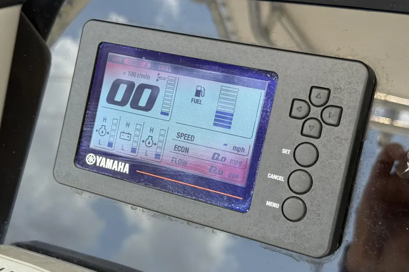 Slide: The Image of Yamaha display on 2020 Robalo R230 Center Console showing fuel and speed metrics. - 14