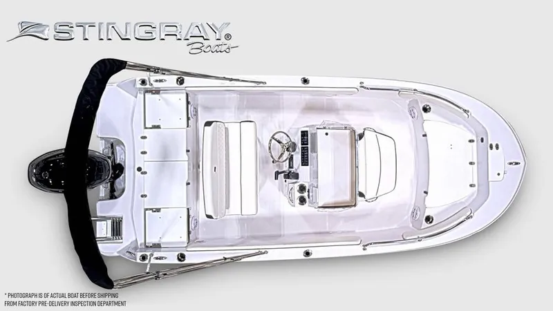 Slide: The Image of Overhead view of a white Stingray 17 CC boat with a central console and black bimini top. - 8