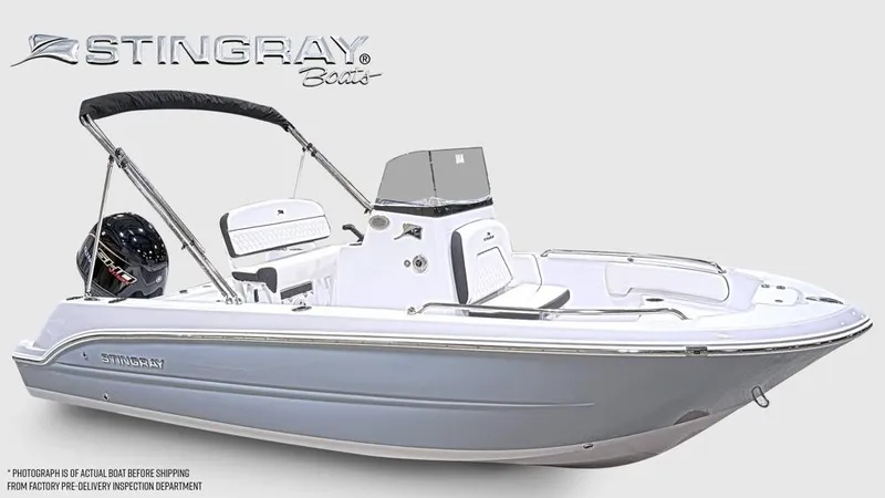 Slide: The Image of A modern Stingray 17 CC boat with a gray hull and black outboard motor. - 8