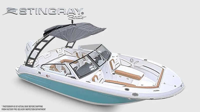 Slide: The Image of The image shows a modern Stingray 20 SBX boat with a turquoise hull and sunshade. - 2