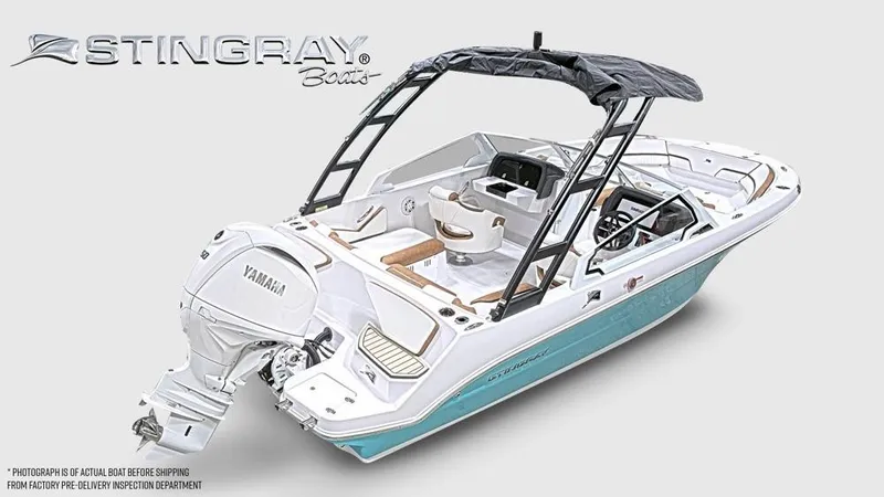 Slide: The Image of A modern 2027 Stingray 20 SBX with a Yamaha outboard motor and a sleek black Bimini top. - 3