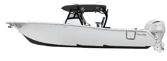 The Image of The image shows a modern Tidewater 330CC boat with a sleek design and twin outboard engines. - 1