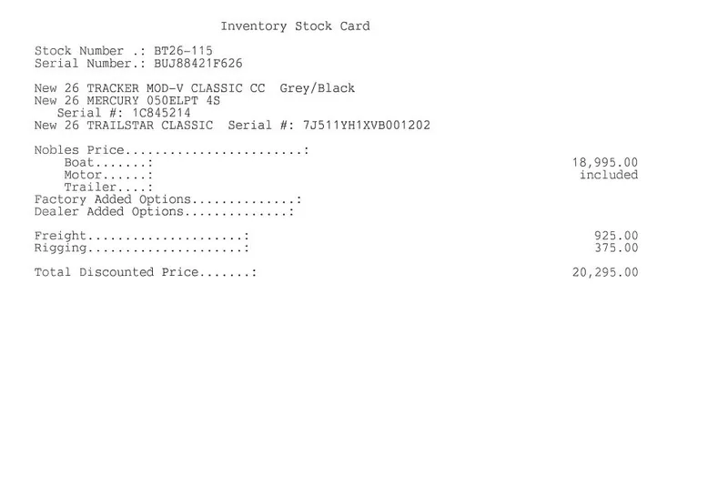 Slide: The Image of Inventory stock card for 2026 Tracker Bass Tracker Classic CC boat, total price $20,295. - 47