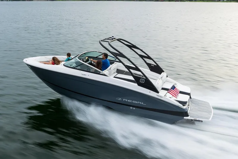 Slide: The Image of Manufacturer Provided Image: 2026 Regal LS4 boat cruising on a lake with passengers enjoying the ride. - 9