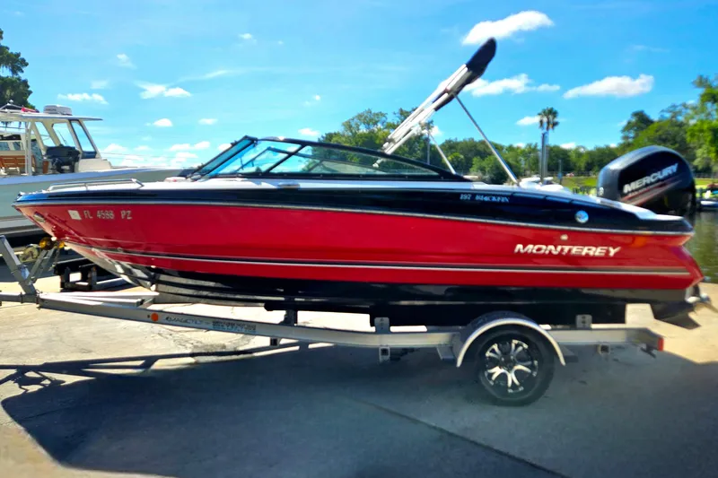 Slide: The Image of 2015 Monterey 197 Blackfin boat on trailer, red and black design, sunny day. - 5