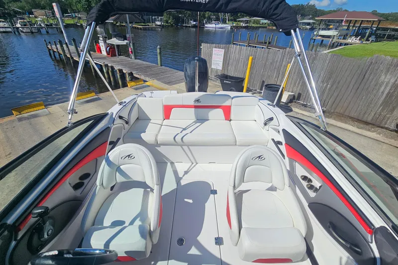 Slide: The Image of 2015 Monterey 197 Blackfin boat interior with white and red seating at a dock. - 22