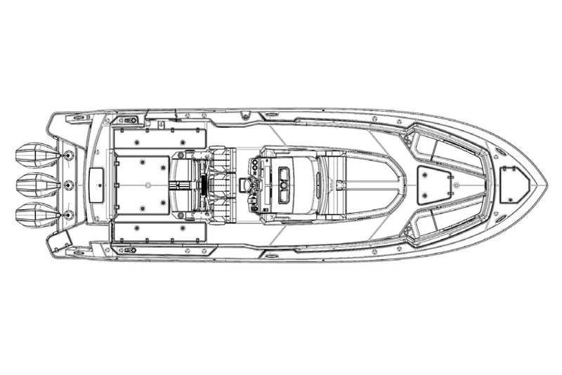 Slide: The Image of Manufacturer Provided Image: Top view schematic of a 2026 Boston Whaler 360 Outrage boat design. - 18