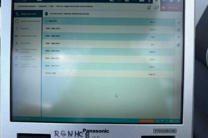 Slide: The Image of Panasonic Toughbook displaying engine operation hours for a 2020 Regal 21 OBX boat. - 35
