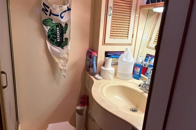 Slide: The Image of Bathroom interior of a 1990 Hi-Star Trawler with toiletries and a turtle-themed towel. - 25