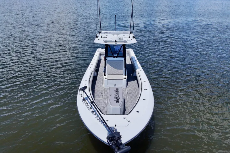 Slide: The Image of 2023 Andros 32 Offshore boat on calm water, aerial view. - 42