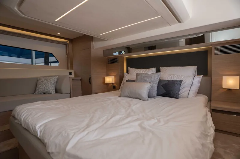 Slide: The Image of Luxurious bedroom interior of 2025 Pacific Prestige 460 Fly yacht with modern design. - 41