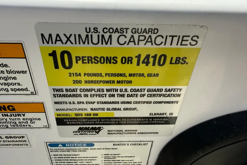 Slide: The Image of U.S. Coast Guard capacity label for 2014 Hurricane SunDeck Sport 188 OB, 10 persons or 1410 lbs. - 7