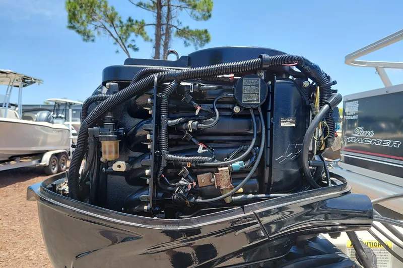 Slide: The Image of Close-up of a 2015 Sun Tracker Bass Buggy 18 DLX boat engine. - 34