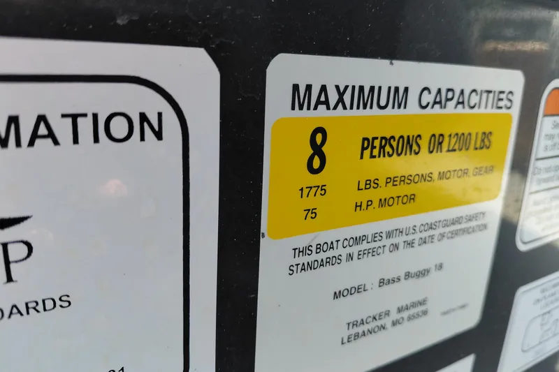 Slide: The Image of 2015 Sun Tracker Bass Buggy 18 DLX capacity label: 8 persons or 1200 lbs, 75 HP motor. - 32