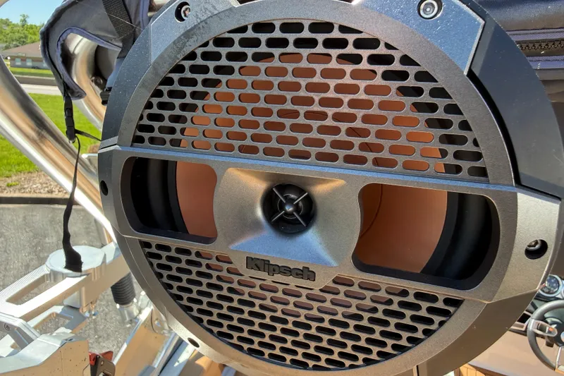 Slide: The Image of Close-up of a Klipsch speaker on a 2021 MasterCraft XT21 boat. - 30