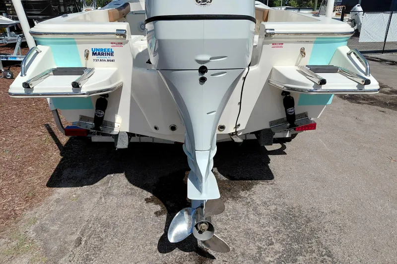 Slide: The Image of Rear view of 2023 Pioneer 220 Bay Sport boat with outboard motor and swim platforms. - 58