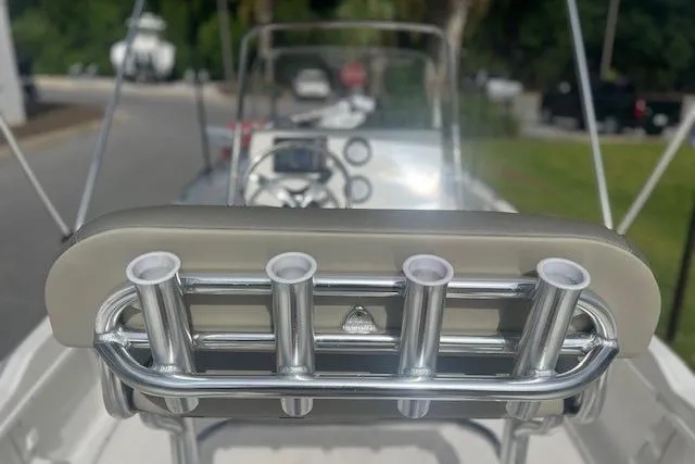 Slide: The Image of 2024 Key West 1720 Center Console boat with rod holders and steering console. - 12