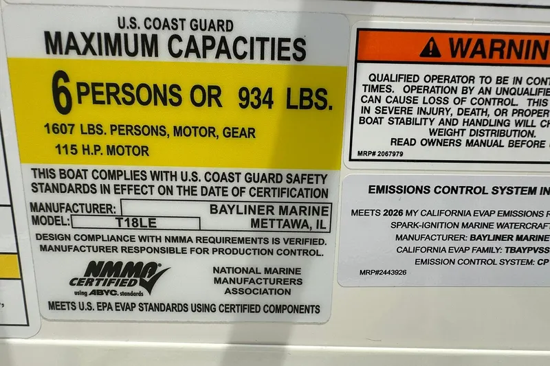 Slide: The Image of 2025 Bayliner Trophy T18 capacity label: 6 persons, 934 lbs, 115 HP motor compliance. - 35