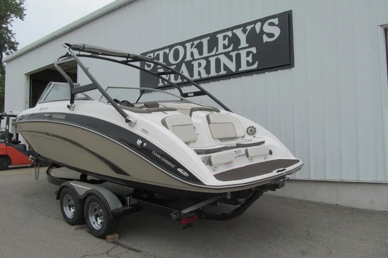 Slide: The Image of 2013 Yamaha Boats 242 Limited S on trailer at Stokley's Marine dealership. - 2