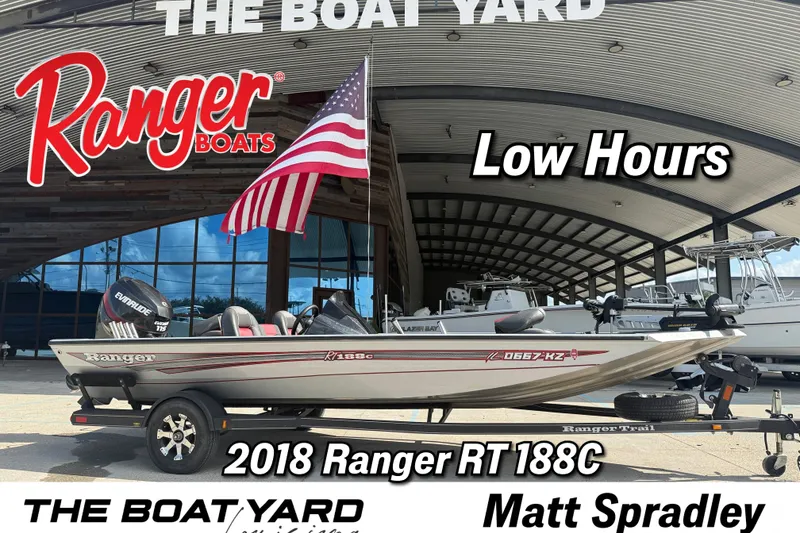The Image of 2018 Ranger RT188C boat with American flag, displayed at The Boat Yard. - 1