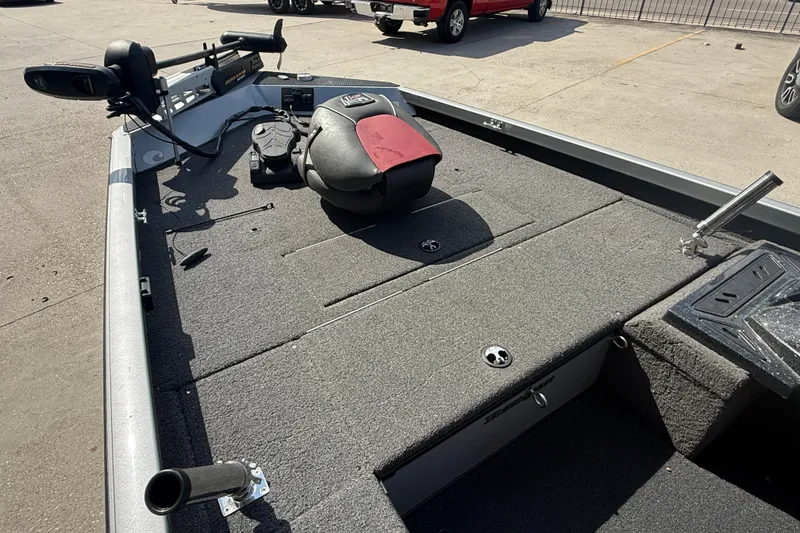 Slide: The Image of 2018 Ranger RT188C fishing boat interior with trolling motor and seating. - 8