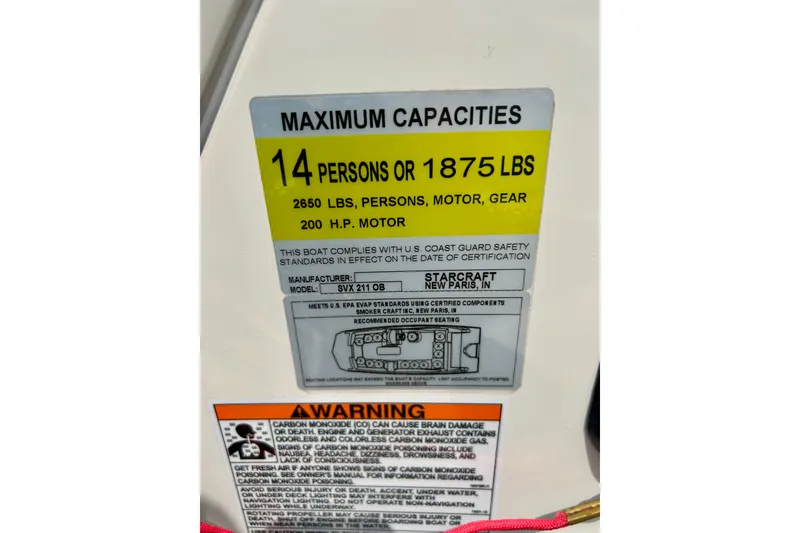 Slide: The Image of Maximum capacity label for 2023 Starcraft SVX 211 IO boat, 14 persons or 1875 lbs. - 55