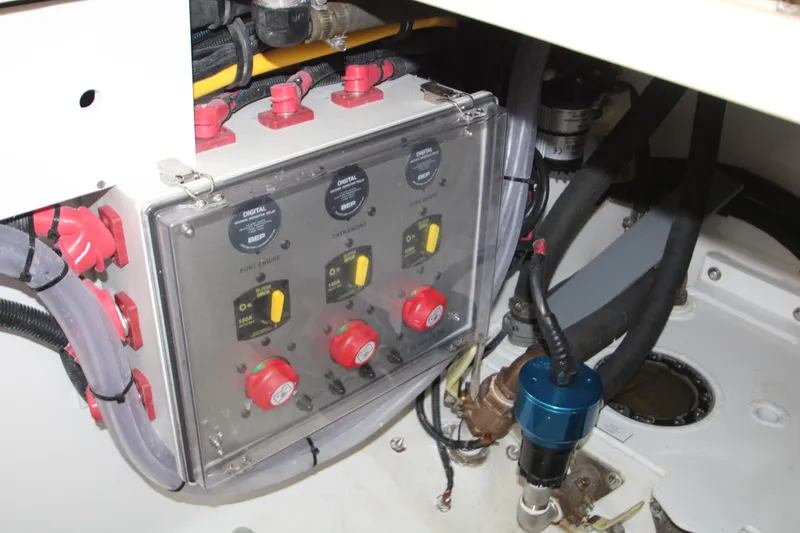 Slide: The Image of Electrical panel in the engine room of a 2024 HCB 42 Lujo boat. - 85