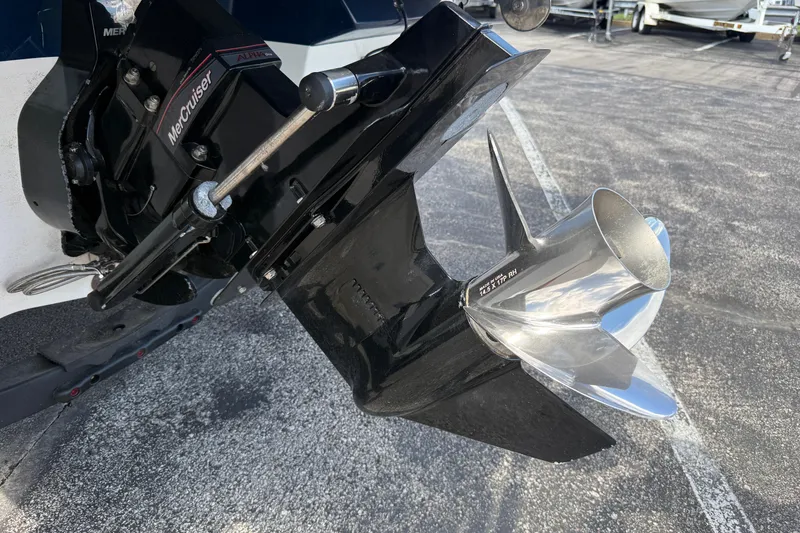 Slide: The Image of Close-up of a 2023 Sea Ray SPX 190 boat's MerCruiser Alpha One outdrive and propeller. - 22