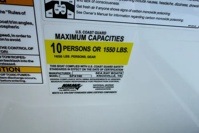 Slide: The Image of 2023 Sea Ray SPX 190 capacity label: 10 persons or 1550 lbs, U.S. Coast Guard compliant. - 15