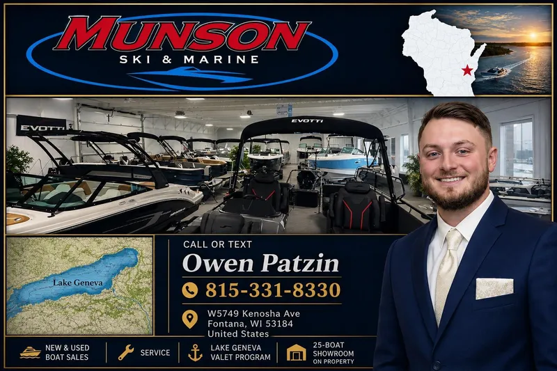 Slide: The Image of Munson Ski & Marine showroom with boats, contact info, and Lake Geneva map. Bennington 20 SLI 2010. - 1