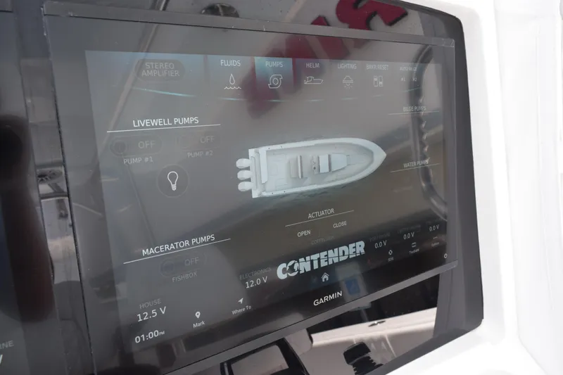 Slide: The Image of Touchscreen control panel on a 2027 Contender 39 ST boat, displaying pump settings. - 33