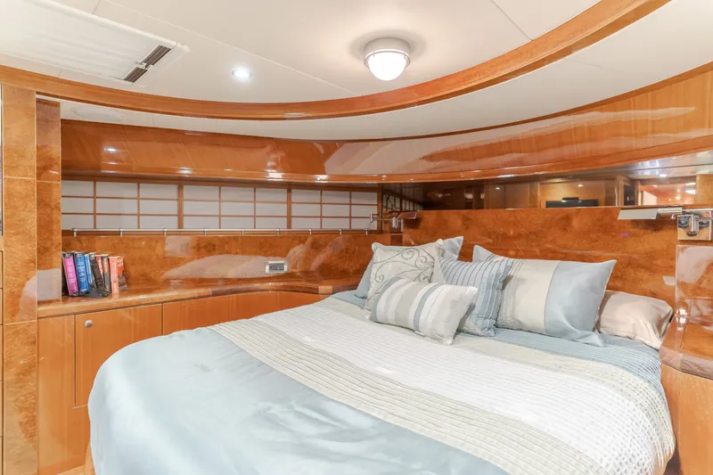 Slide: The Image of Luxurious cabin with a large bed, elegant wood paneling, and soft lighting. - 47