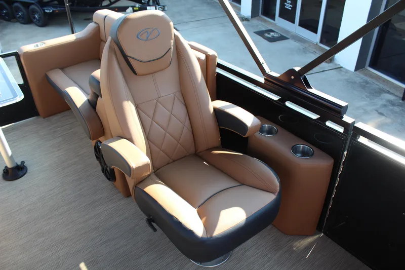 Slide: The Image of Luxurious seating on 2025 Veranda VTX 22RC pontoon boat with cup holders. - 10