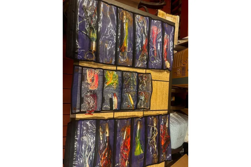 Slide: The Image of Assorted fishing lures organized in a tackle box on a wooden surface. - 35