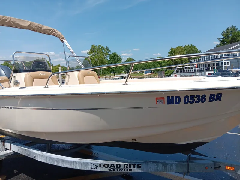Slide: The Image of A 2020 Scout 175 Sport Dorado boat on a trailer, ready for use. - 14