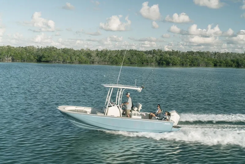 The Image of A 2027 Boston Whaler 210 Montauk cruising on calm waters under a cloudy sky. - 1