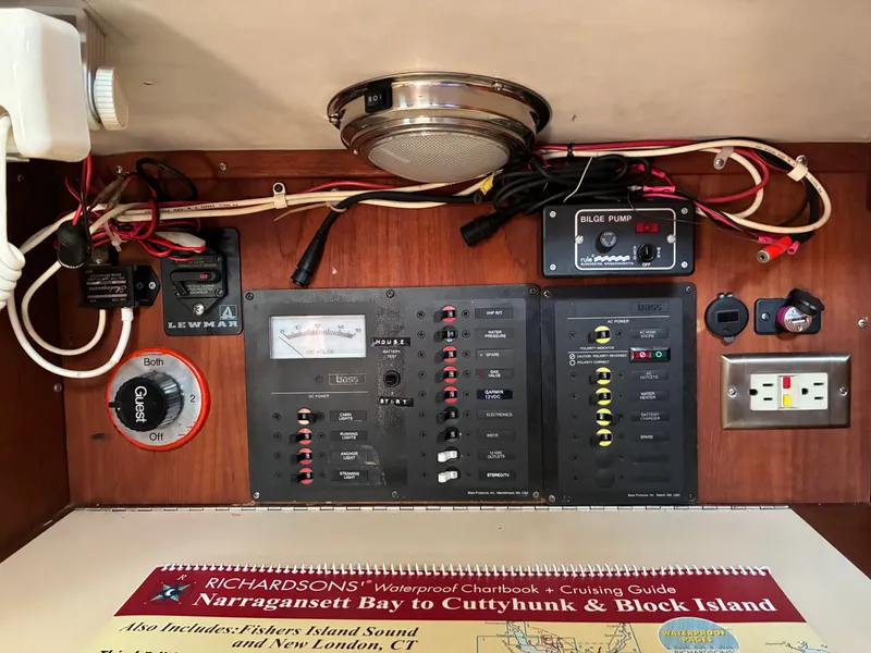 Slide: The Image of The image shows the electrical panel of a 1986 Freedom Yachts 30 with various switches and gauges. - 33