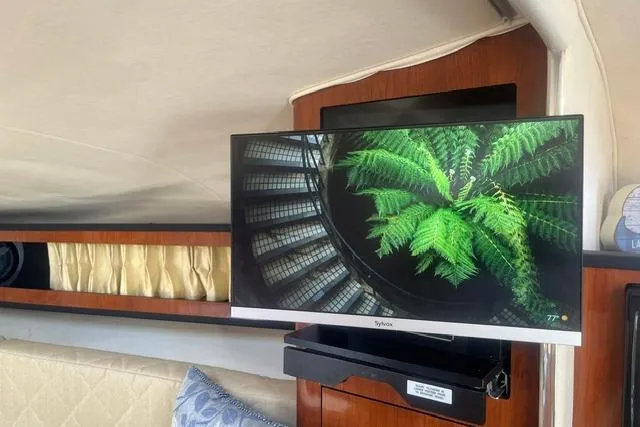 Slide: The Image of Interior of 2006 Sea Ray Sundancer 280 with mounted TV displaying a green fern image. - 17