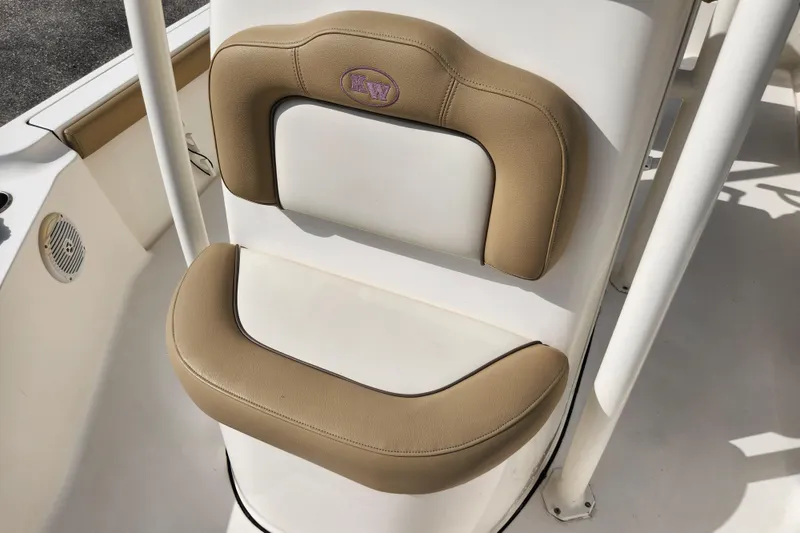 Slide: The Image of 2019 Key West 230 Bay Reef boat seat with tan and white upholstery. - 8