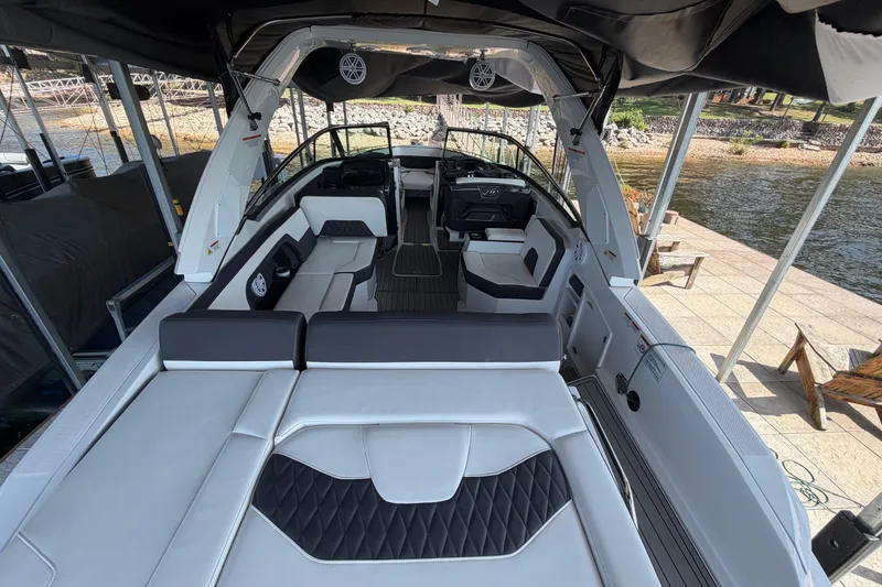 Slide: The Image of 2020 Monterey 298SS Super Sport boat interior with luxurious seating and modern design. - 6
