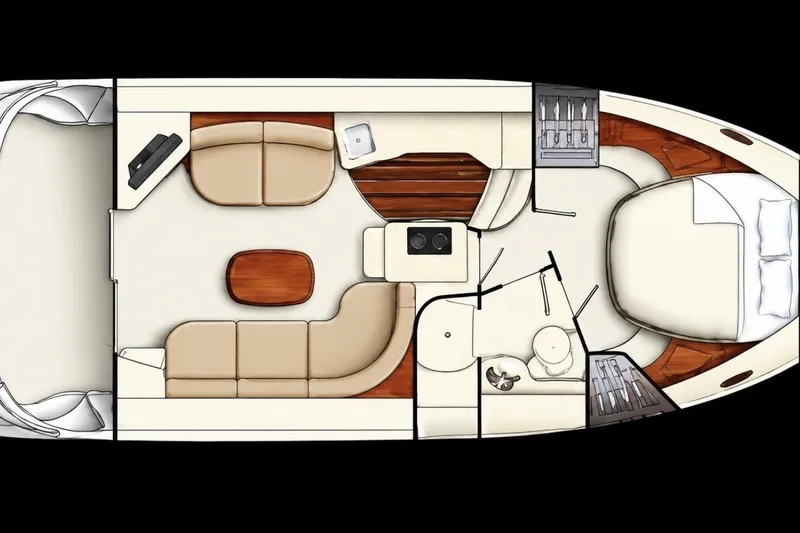 Slide: The Image of Layout of the 2007 Meridian 341 Sedan featuring living area, kitchen, bathroom, and sleeping cabin. - 2