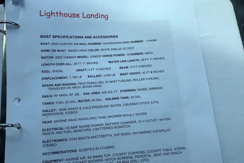 Slide: The Image of Specifications sheet for a 2003 Hunter 306 sailboat, featuring detailed equipment and dimensions. - 17