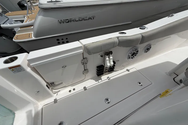Slide: The Image of 2022 Sea Fox 288 Commander boat interior with storage compartments and speakers. - 30