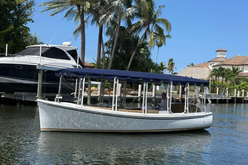 Slide: The Image of 2021 Duffy Bay Island 22 electric boat cruising near palm trees and waterfront homes. - 5