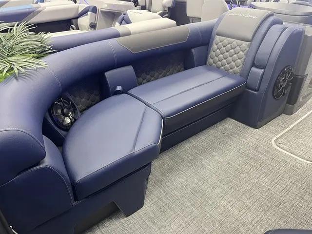 Slide: The Image of Luxurious blue upholstery on a modern boat with stylish design and speakers. - 2