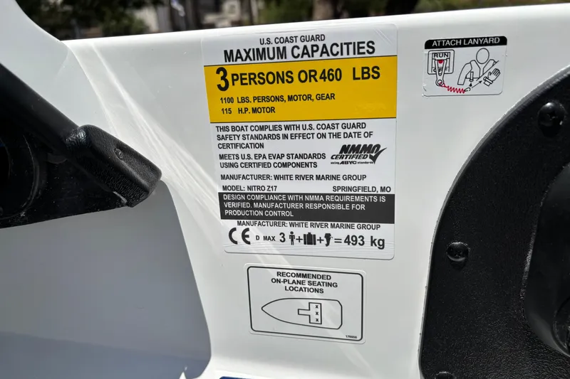 Slide: The Image of 2027 Nitro Z17 boat capacity label, U.S. Coast Guard certified, 3 persons or 460 lbs. - 9