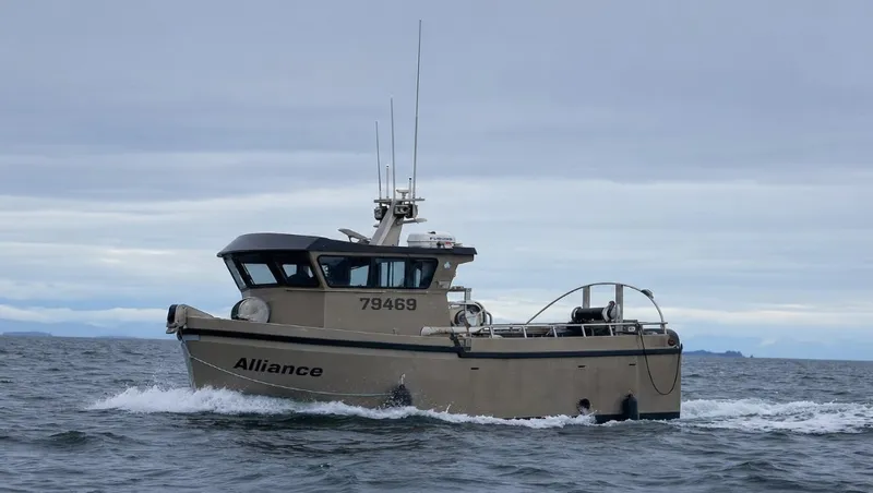 The Image of A sturdy boat with an enclosed wheelhouse navigates choppy waters. - 0