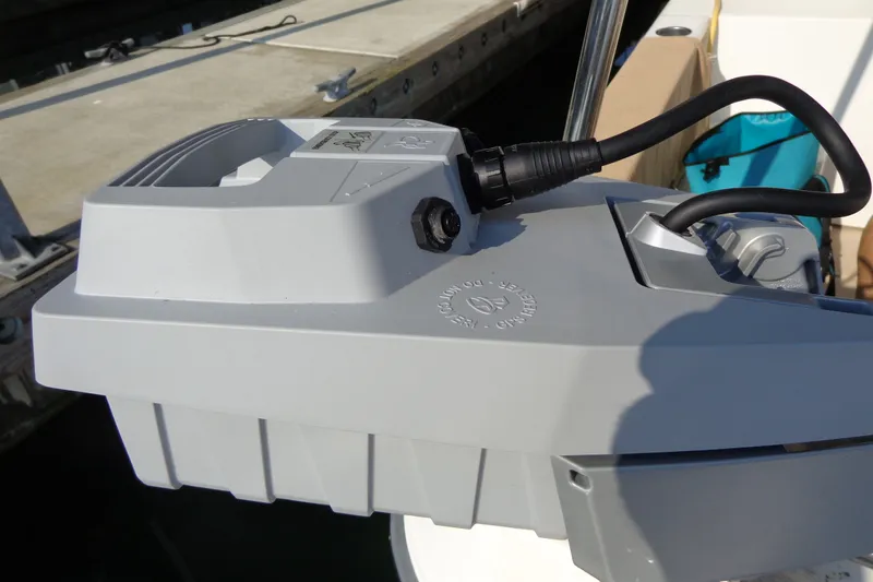 Slide: The Image of Close-up of a 2016 Ranger Tugs R-31 S boat component with cable connection. - 57